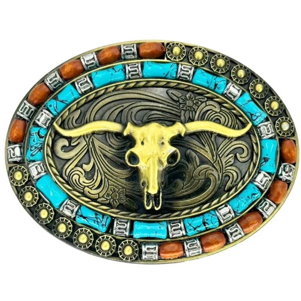 Western Gold Tone Steer Skull Design Turquoise & Brown Bead Oval Belt Buckle NWT